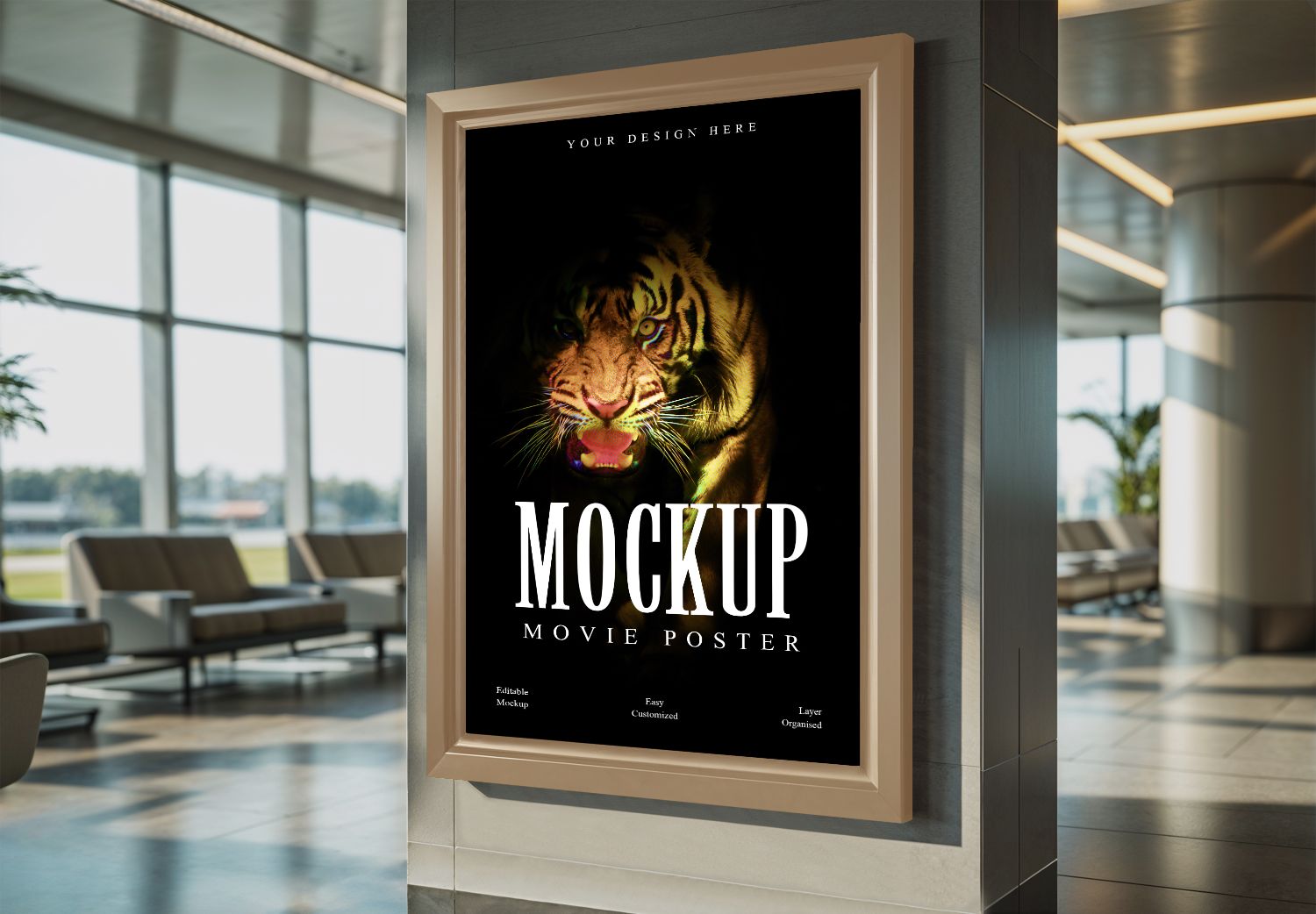 Framed Movie Poster Mockup in Modern Lobby