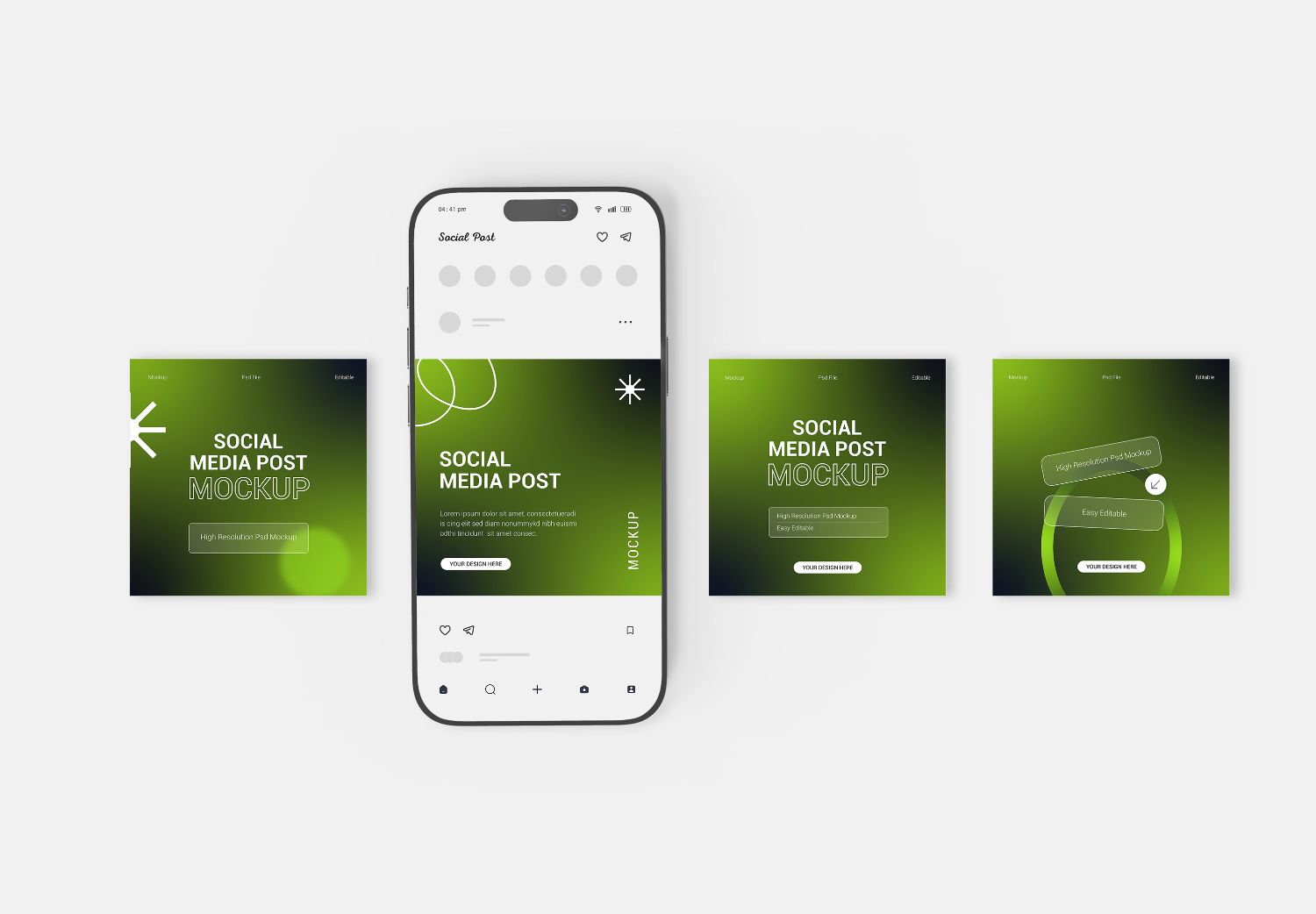 Green Social Media Post Mockup Set - Phone & Square Designs