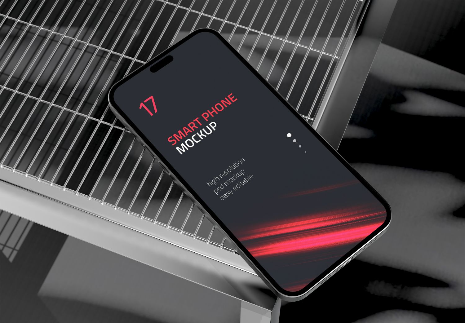 Smartphone Mockup on Metal Grid - Red & Black Screen Design