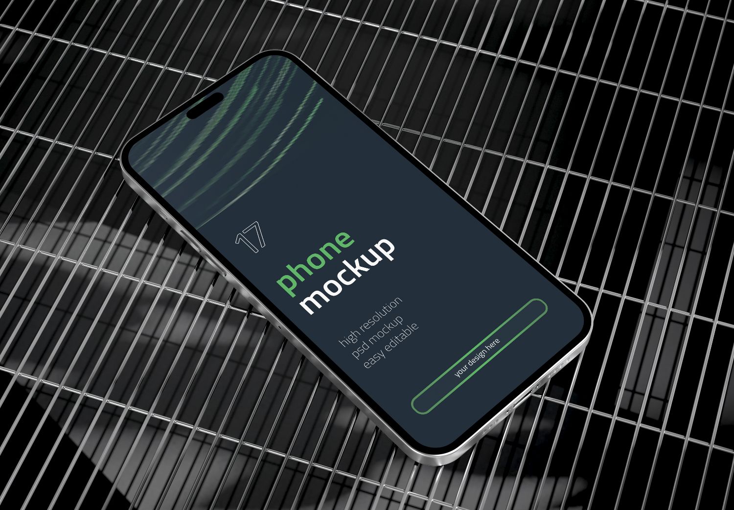 Green-Themed Smartphone Mockup on Metal Grid - High Res PSD Template