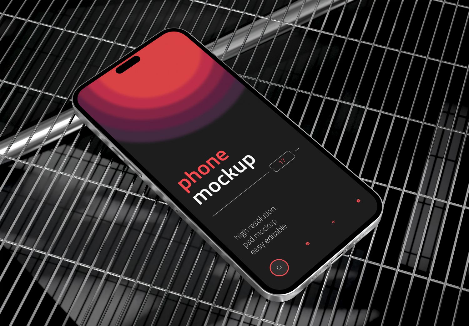 Red Gradient Smartphone Mockup on Metal Grid - High Res PSD Template