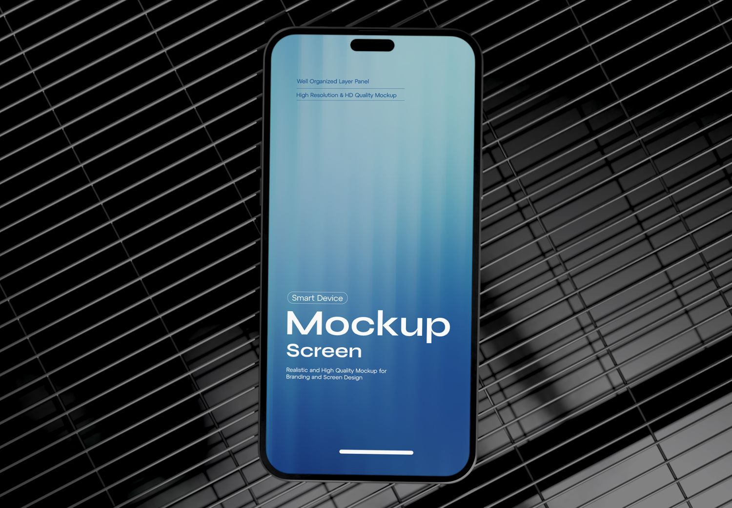 iPhone 15 Pro Mockup - Blue Gradient Screen on Sleek Black Grid Background