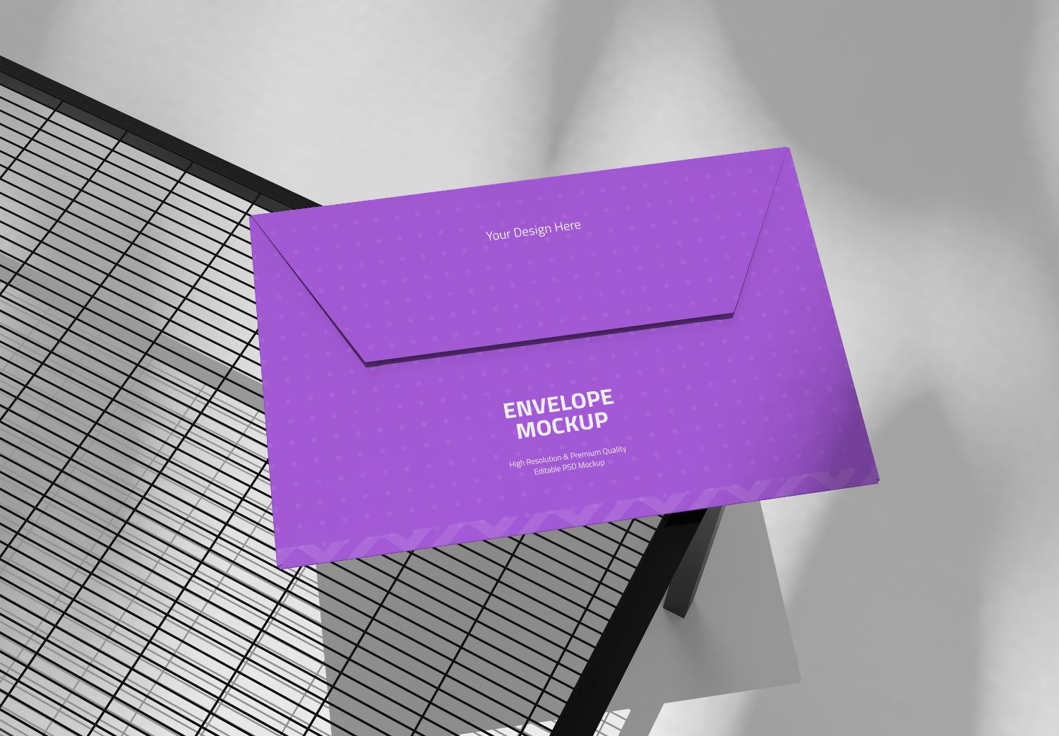 Purple Envelope Mockup - Polka Dot Design on Grid Background