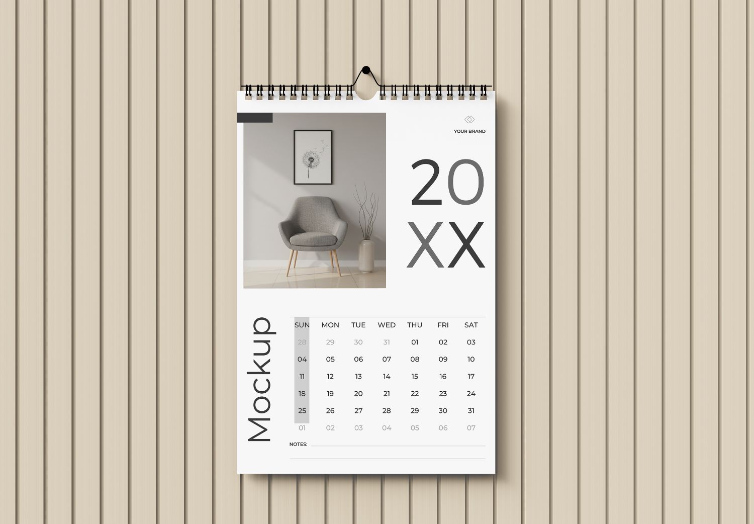 Minimalist Wall Calendar Mockup - Spiral Bound on Beige Wood Panel Background