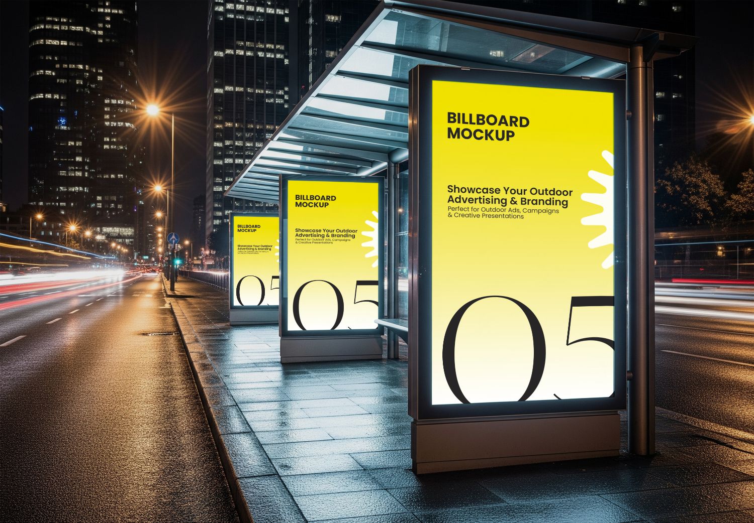 Night City Bus Stop Billboard Mockup - Urban Outdoor Advertising Scene