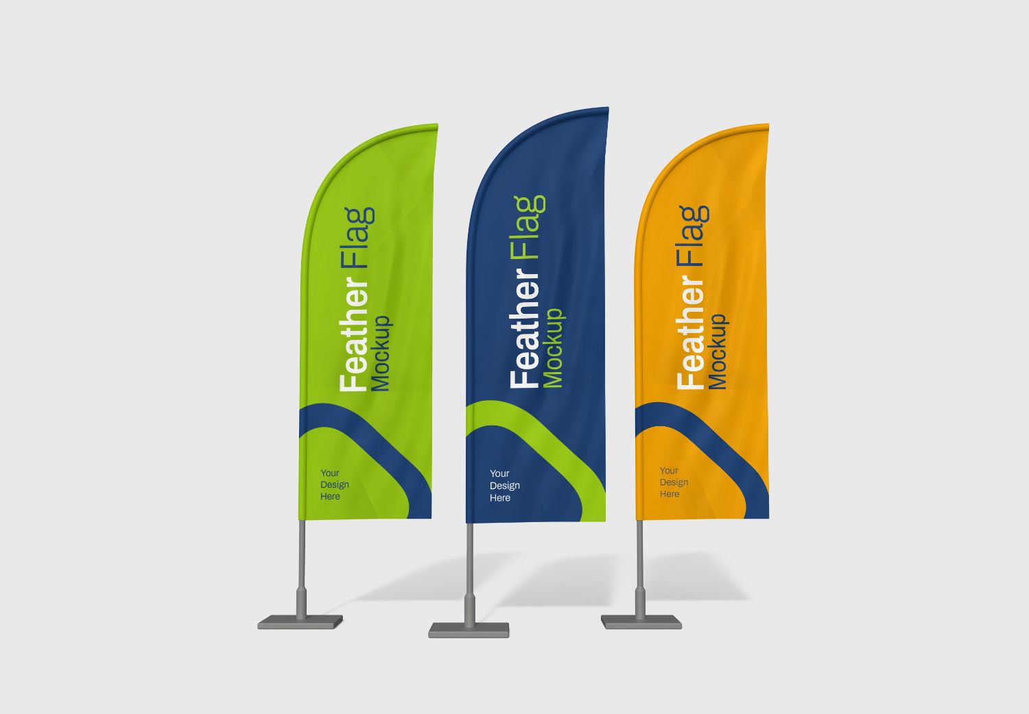 Triple Feather Flag Mockup – Green, Blue & Orange PSD for Branding