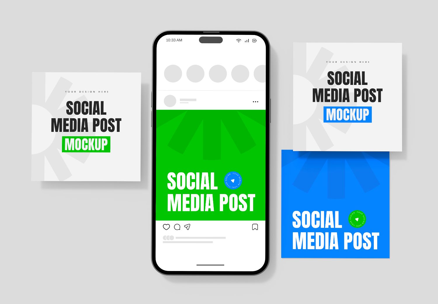iPhone 15 Pro Social Media Post Mockup - Green, Blue & White Editable Templates