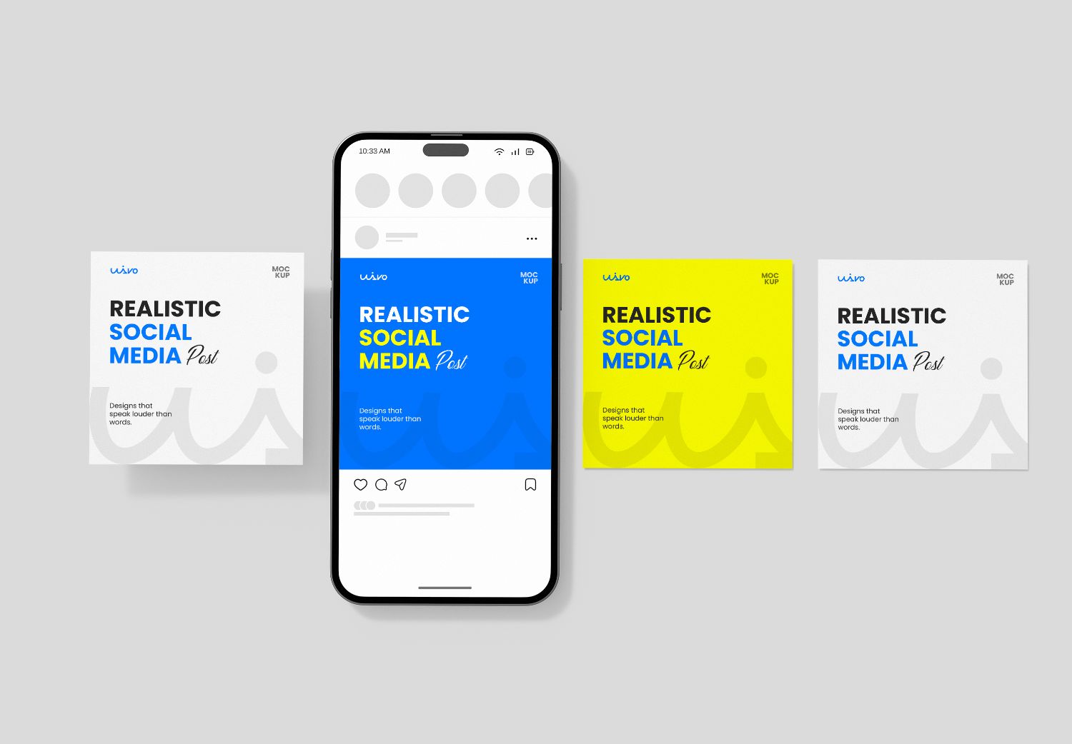 iPhone 15 Pro Social Media Post Mockup - Realistic Blue, Yellow & White Templates