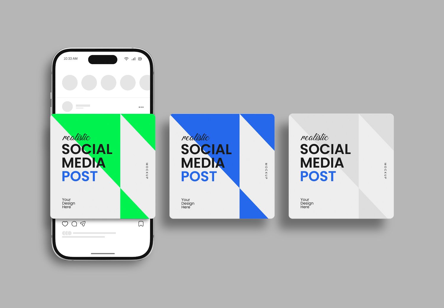 iPhone 15 Pro Social Media Post Mockup - Green, Blue & Gray Geometric Templates