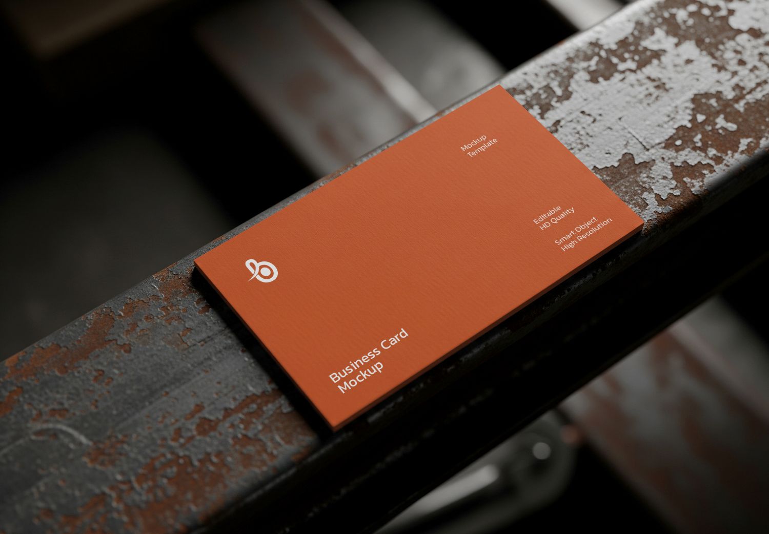 Rustic Industrial Business Card Mockup - Orange Textured Design on Weathered Metal