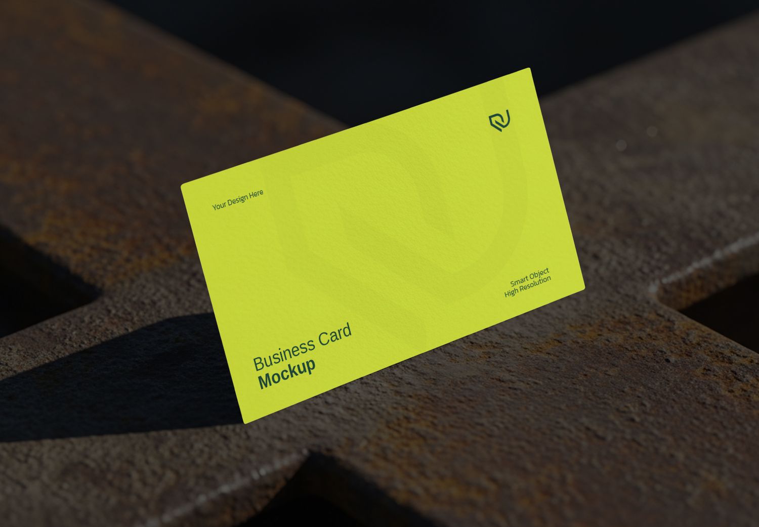 Vibrant Yellow Business Card Mockup on Rusty Metal - Industrial Style Template