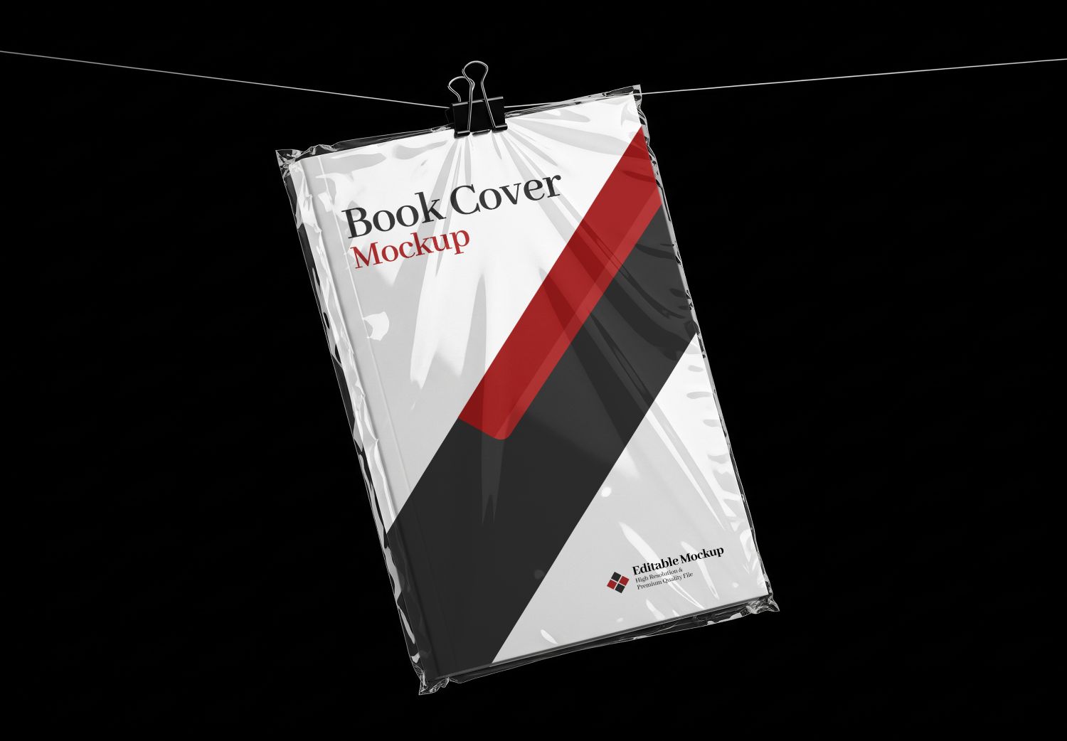 Hanging Book Cover Mockup in Plastic Wrap - Bold Red & Black Design Template