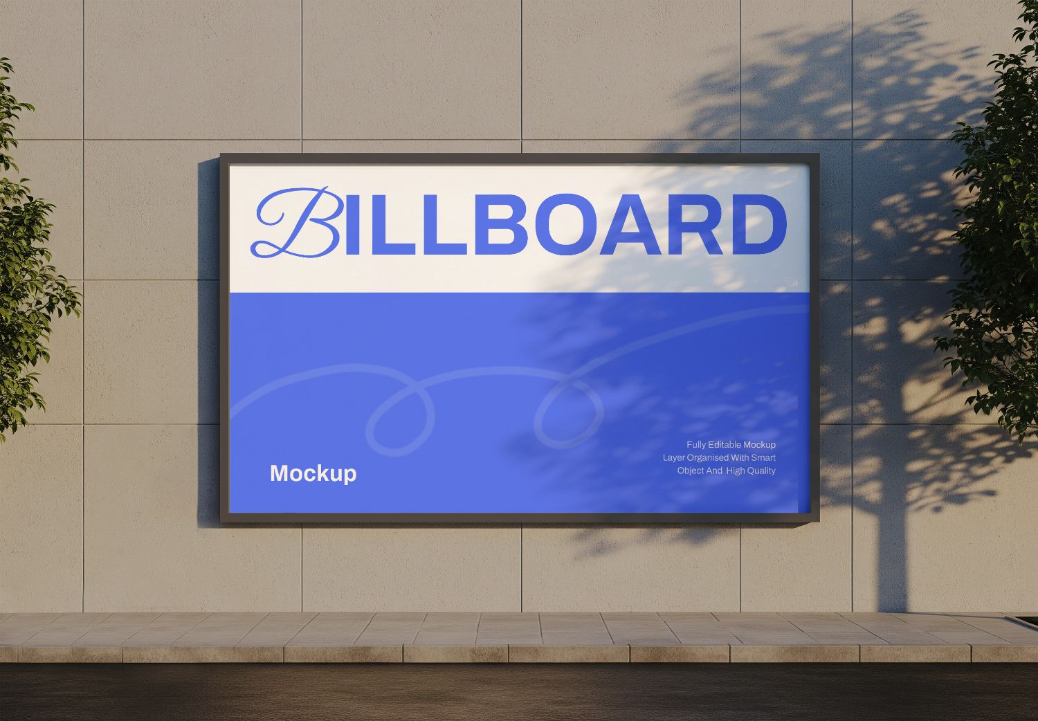 Blue & White Billboard Mockup on Concrete Wall - Tree Shadow Realism Template