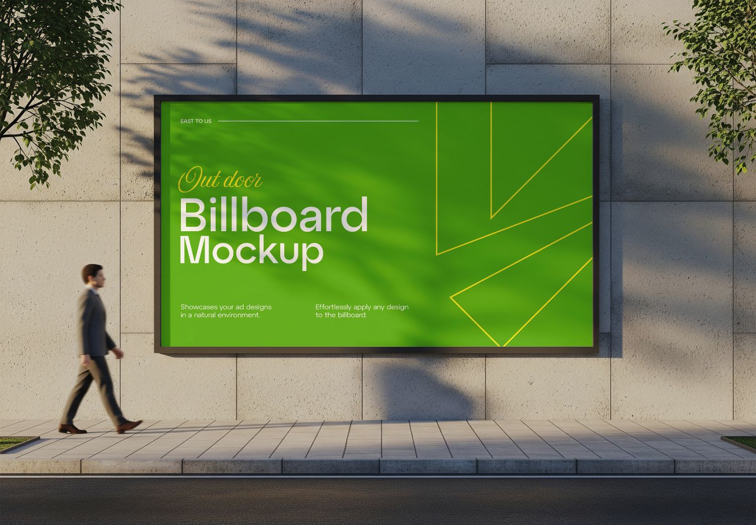 Green Outdoor Billboard Mockup with Pedestrian - Urban Nature Advertising Template