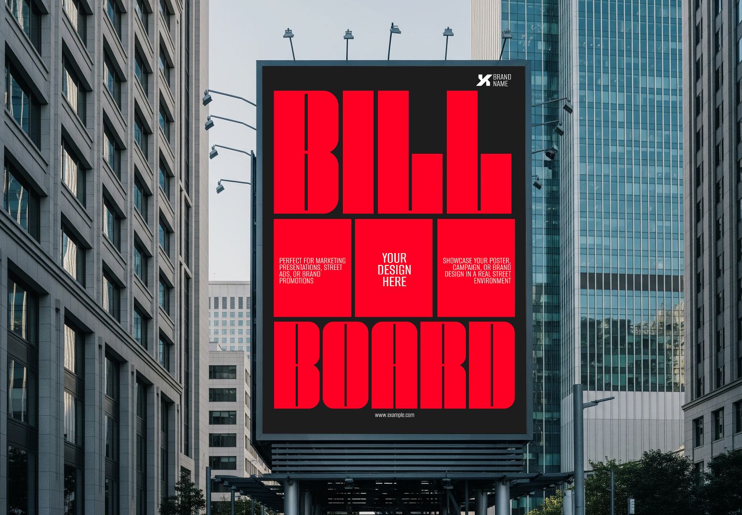 Bold Red Billboard Mockup in City Center - Urban Street Advertising Template