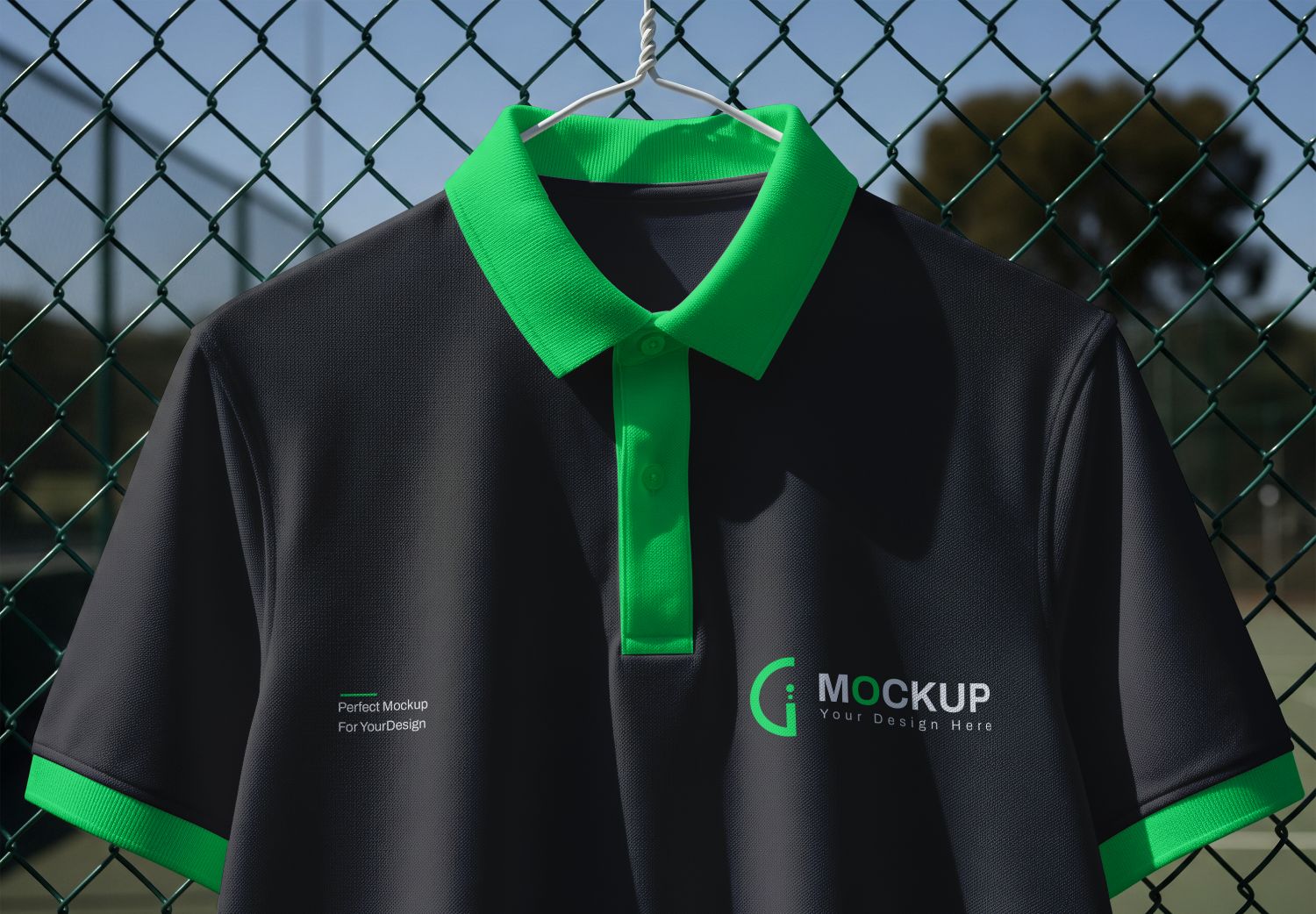 Black & Green Polo Shirt Mockup Hanging on Chain-Link Fence