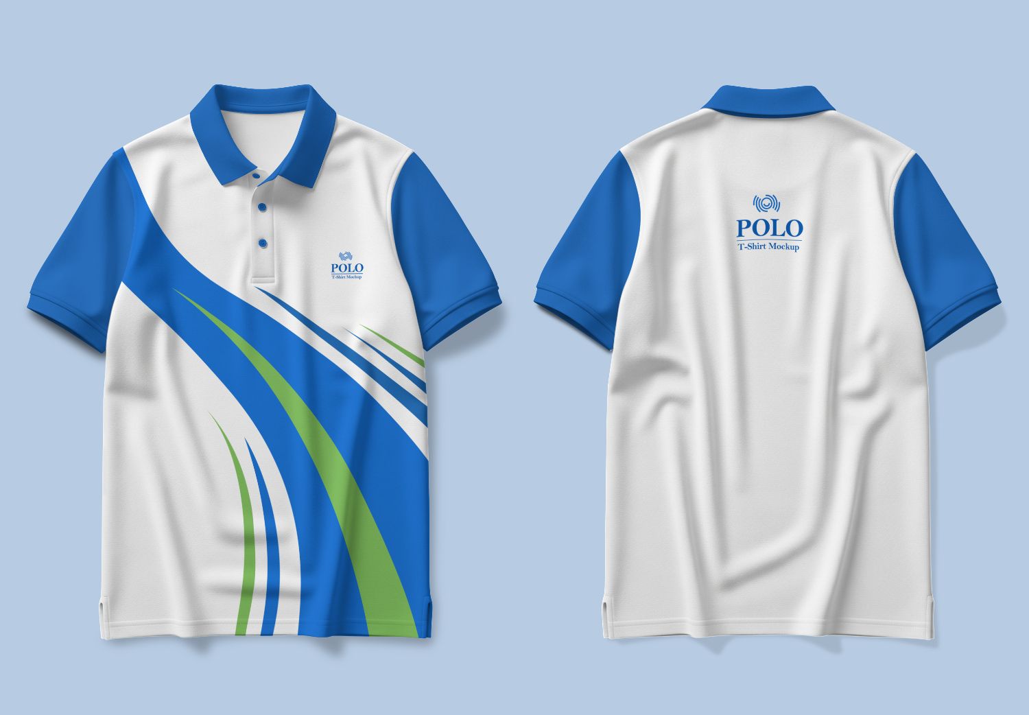 White & Blue Polo Shirt Mockup with Front & Back Views