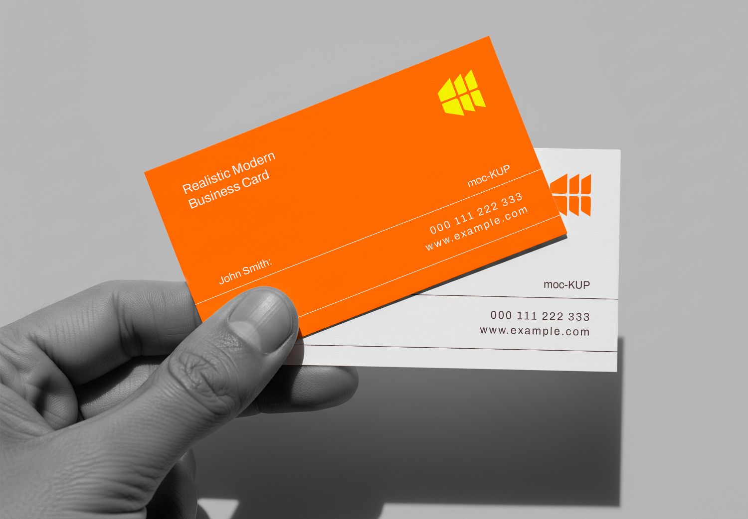 Modern Business Card Mockup with Hand Holding Orange & White Cards